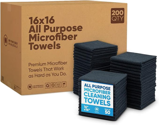 Bulk 16" x 16" All Purpose Microfiber Towels Wholesale - Case Quantity (200 Count) | Large | No Fraying | High Density Microfiber | Zero Chemical Cleaner | Long-Lasting (Black) by MicrofiberWholesale