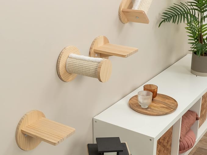 Trixie Cat Wall Furniture Set 6-7pc Cat Climbing Wall Set - Sisal Rope Scratching Posts, Elevated Bed, Corner Shelf, Steps - Natural/White - Image 3