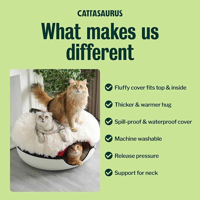 Cattasaurus Peekaboo Cat Cave for Multiple & Large Cats Up to 30-45 Lbs, Fluffy Cat Beds & Furniture, Scratch Detachable & Washable Tunnel Bed, Comfy Donut Bed (Ruby Snowball, Large (Calming)) - Image 3