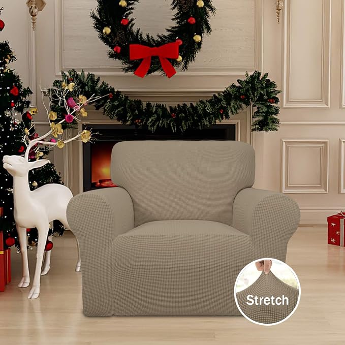 Easy-Going Stretch Chair Sofa Slipcover 1-Piece Couch Sofa Cover Furniture Protector Soft with Elastic Bottom for Kids, Pet. Spandex Jacquard Fabric Small Checks (Chair, Natural) | 1-Piece Couch Sofa Cover Furniture Protector for Living Room Soft with ... - Image 2