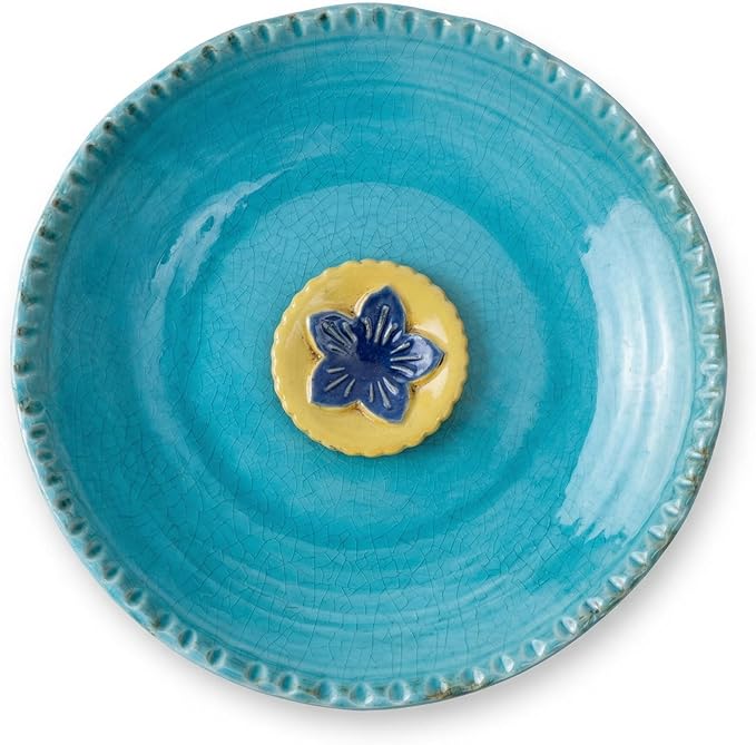 Topadorn 2" Depth Ceramic Birdbath & Birdfeeder for Small Birds Outdoors | 12.2'' Bird Bath Bowl For Vintage Garden Patio Yard Lawn Decor, Blue with Yellow Flower by Topadorn