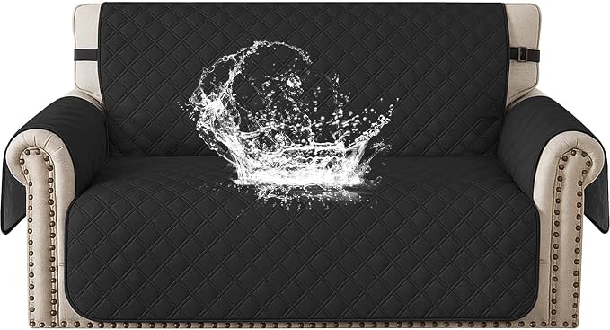 Waterproof Loveseat Covers for 2 Cushion Couch, Sofa Covers for Pets Washable with Side Pockets, Non Slip Couch Covers for Dogs, Dog Couch Cover with Elastic Straps (Loveseat, Black) by CYCMACOHOME