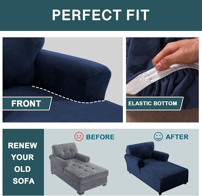 FantasDecor Velvet Chaise Lounge Cover Stretch Double Arm Chair Slipcover for Living Room Bedroom Soft Plush Fabric Machine Washable, Navy - Image 6