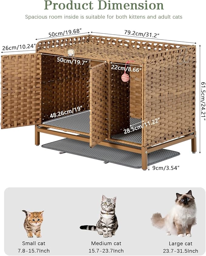 SETVSON Litter Box Enclosure Furniture with Divider, Cat Cabinet, Natural | Handwoven PE Rattan with Soft Litter Mat, 3.54-In Heightened Metal Feet, 2 S-Hooks, 31.2 x 19.6 x 24.2 In Spacious - Image 4