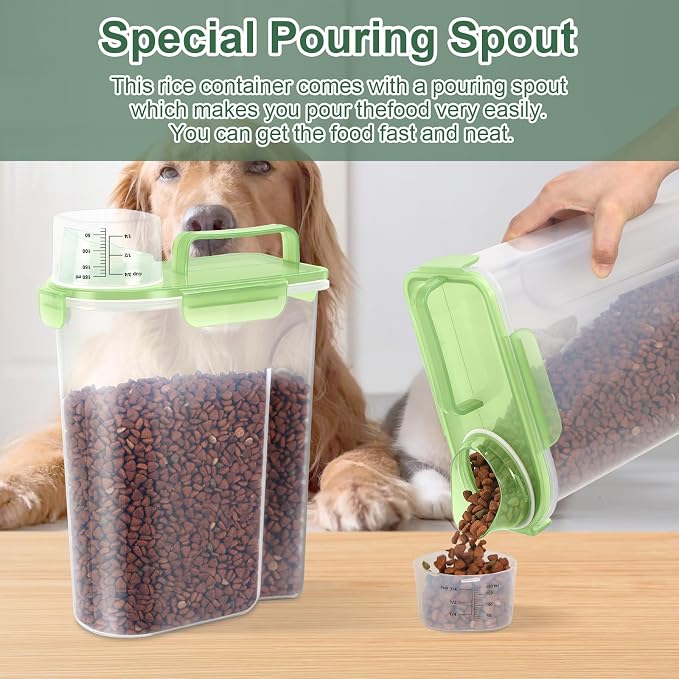 LEAWALK 5-7Lbs/6Qt Dog Cat Storage Container Portable with Upgraded Large Spout and Cup, Plastic Pet Food Dispenser for Small Animal Kibble, Bird Seed, Oatmeal, Rice, Flour, Brown Sugart (Clear Green) - Image 4