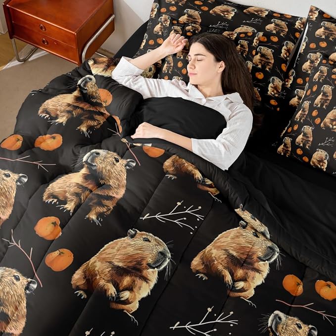 Erosebridal Kids Kawaii Capybara King Size 7-Piece Bedding Set for Capybara Lovers, Cute Animal Bed in A Bag, Peach Printed Comforter Set with Sheets, Cartoon Fruit Bedding Comforter Sets, Black - Image 7