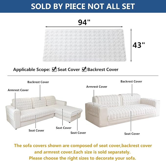 Eismodra Sectional Couch Covers,L Shape Sofa Slipcover Furniture Protector for Dogs Cats Pet Chaise Lounge 3 Cushion Couch Loveseat,White 43 x 94 inches (Only 1 Piece) - Image 5