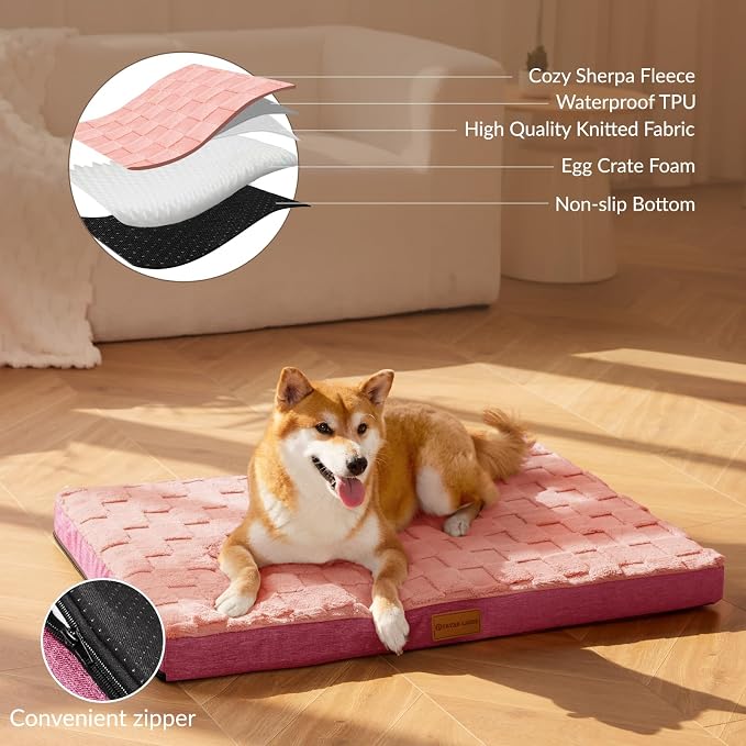Patas Lague Orthopedic Large Dog Bed Washable Pet Crate Mat 56''X40'' Pink | Egg-Crate Foam Dog Couch For Large Sized Dogs, Waterproof Removable Cover, Soft Pet Bed With Nonskid Bottom - Image 3