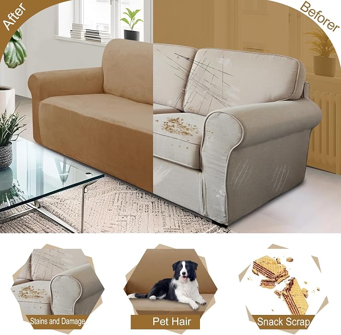 U-NICE HOME Velvet Sofa Covers Stretch Couch Covers for 3 Cushion Couch Furniture Protector Sofa Slipcover (Large, Camel) - Image 5