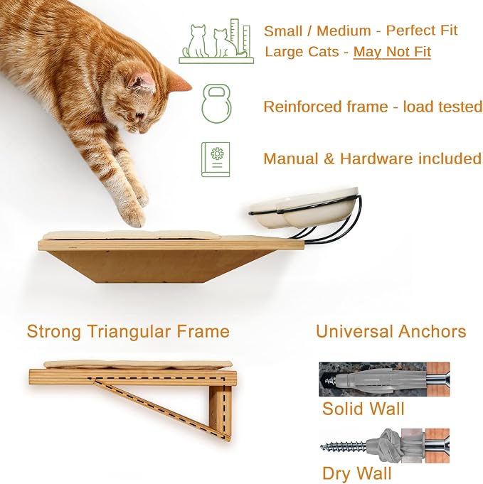 Wall Mounted Cat Shelves with Elevated Ceramic Feeding Station–Scandinavian Floating Design, Solid Plywood, Two Climbing Steps with Cotton Mats, Modern Cat Wall Furniture Set 300 ml Bowls - Image 7
