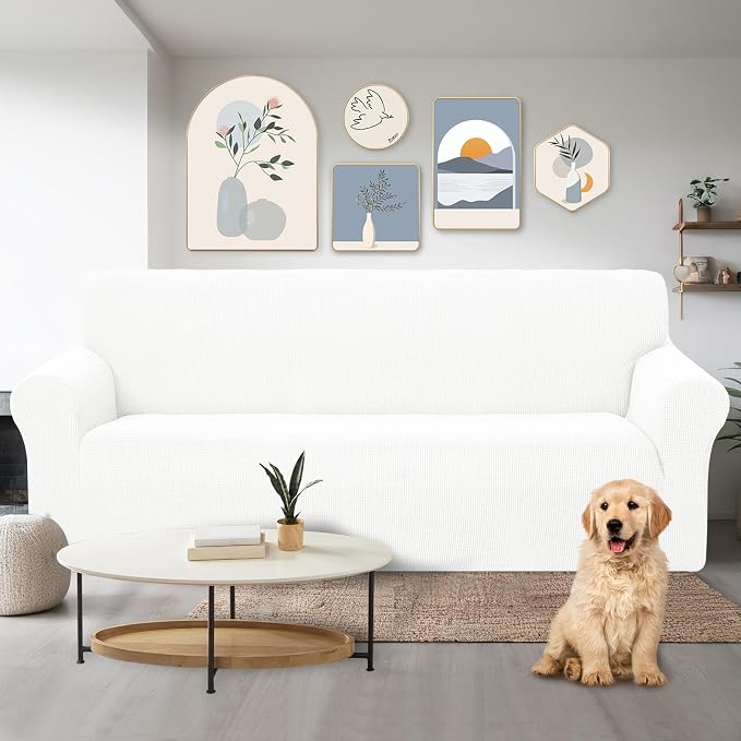 U-NICE HOME Stretch Couch Cover Slipcover for 3 Cushion Sofa, Ivory White | 1-Piece Sofa cover, Washable, Pet friendly, Furniture protector, Polyester Spandex Jacquard fabric - Image 2