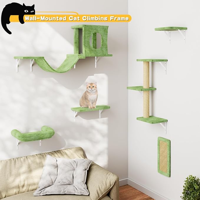 12-in-1 Cat Wall Shelves, Luxury Wall-Mounted Cat Climber Set | with Condos House, Scratching Post, Bridge Ladder, Indoor Space-Saving Furniture for Kittens, Green - Image 5