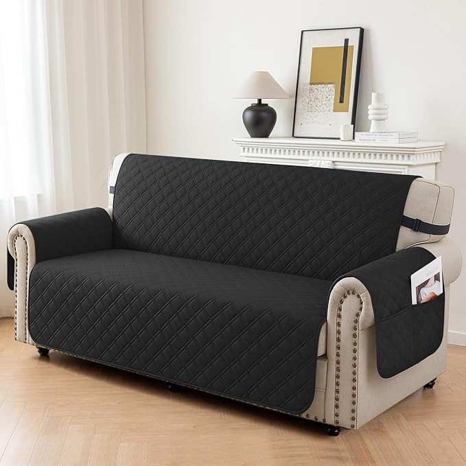 Waterproof Loveseat Covers for 2 Cushion Couch, Sofa Covers for Pets Washable with Side Pockets, Non Slip Couch Covers for Dogs, Dog Couch Cover with Elastic Straps (Loveseat, Black) - Image 2