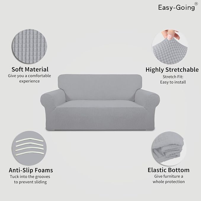 Easy-Going Stretch Oversized Loveseat Couch Covers Washable Silver Gray | 1-Piece Large Loveseat Cover for 2 Cushion Couch Furniture Protector RV Sofa Slipcover Soft with Bottom for Kids Pets - Image 3