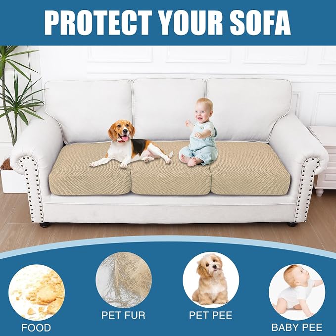 Smiry Waterproof Couch Cushion Covers, Non Slip Seat Cushion Covers | Stretch Jacquard Sectional Sofa Slipcover, Washable Elastic Furniture Protector for Pets, Kid, 3 Pieces, Light Brown - Image 5
