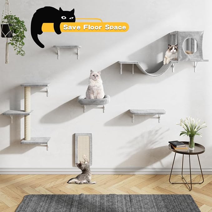 12-in-1 Cat Wall Shelves, Luxury Wall-Mounted Cat Climber Set | with Condos House, Scratching Post, Bridge Ladder, Indoor Space-Saving Furniture for Kittens，Gray - Image 6