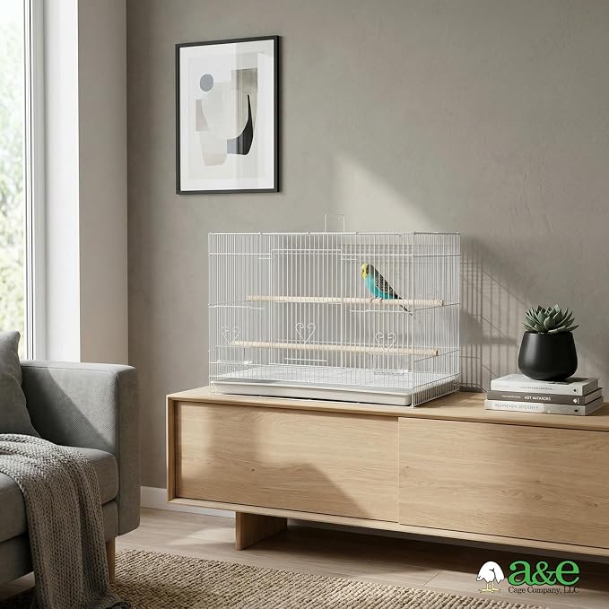 A&E Cage Co 503 Flight Bird Cage for Finches & Parakeets, 24"x16"x16" White | 2 Feeder Stations, Wood Perch, Slide-Out Cleaning Tray, Carry Handle, Safe Bar Spacing for Small Birds - Image 6