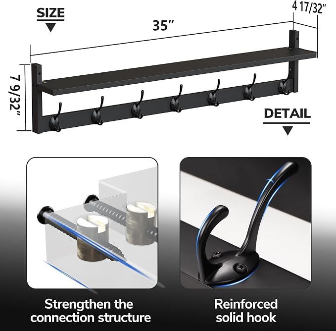 BAMEOS Wall Hooks with Shelf 35 Inch Length Entryway Hanging Shelf Wood Coat Hooks Wall-Mounted Coat Hook Rack with 7 Dual Hooks for Bathroom, Living Room, Bedroom (Black) - Image 3