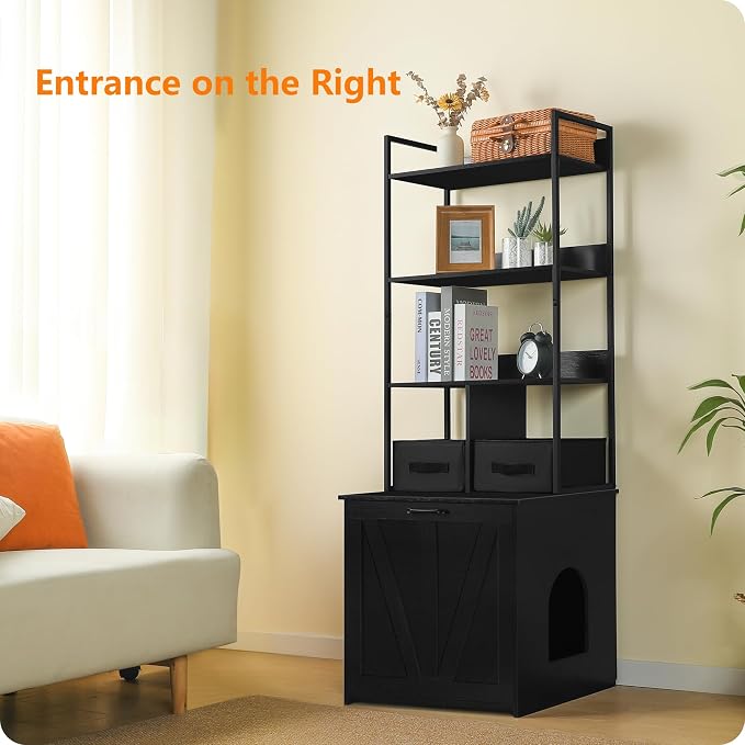 DWANTON Litter Box Enclosure with 3 Storage Shelves and 2 Drawers, 2-in-1 Hidden Cat Litter Box Enclosure Furniture with Shelf, Reversible Entrance, Washable Drawers, 61.8-Inch, Black - Image 4