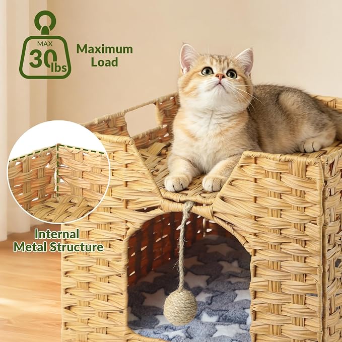 Handwoven Rattan Cat Bed Indoor Kitten, Cat Bed Cave with Cushion, Sisal Ball & S-Shaped Hooks, Foldable Hideaway Cat House for Bedroom Living Room, Natural - Image 4