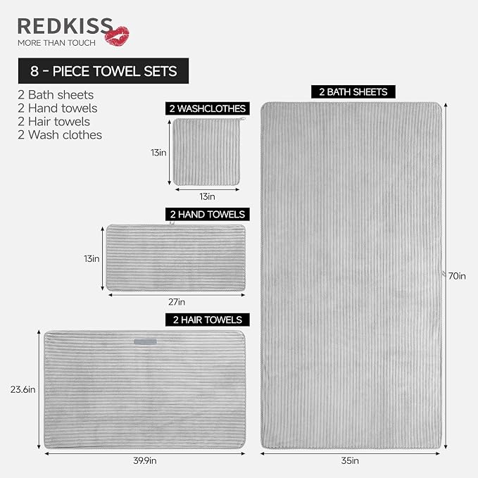 REDKISS Gray Bath Towels Set 8 Piece - Microfiber Bathroom Towels of 8 Large, Highly Absorbent Bath Towel, Soft Shower Towel for Bathroom, Hotel 2 Bath Sheet 2 Hand 2 Washcloths 2 Hair Towel Wrap - Image 3