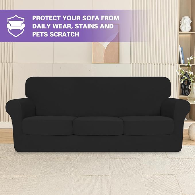 ZNSAYOTX 4 Piece Stretch Sofa Covers (71"-91"), Thick Striped Couch Covers for 3 Cushion Sofa with Elastic Band Bottom Ties Non-Slip Stay in Place, Soft Durable Washable Couch Slipcovers, Black - Image 3