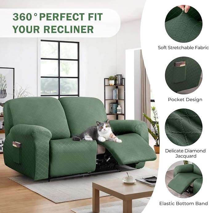 vctops Diamond Recliner Loveseat Slipcover 6-Pieces Stretch Dual Recliner Sofa Covers for 2 Seat Dual Reclining Loveseat Couch Soft Solid Furniture Protector (Mo Green,2 Seat) - Image 4