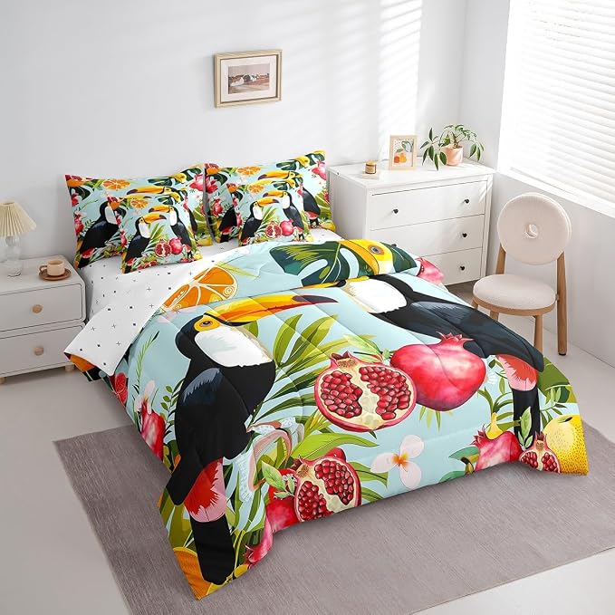 Erosebridal 7-Piece Comforter Set Twin Size, Cute Toucan Parrot Fruits Bed in a Bag Bedroom Comforter with Sheets (1 Comforter, 1 Flat Sheet 1 Fitted Sheet 2 Pillowcases and 2 Pillow Shams) - Image 2