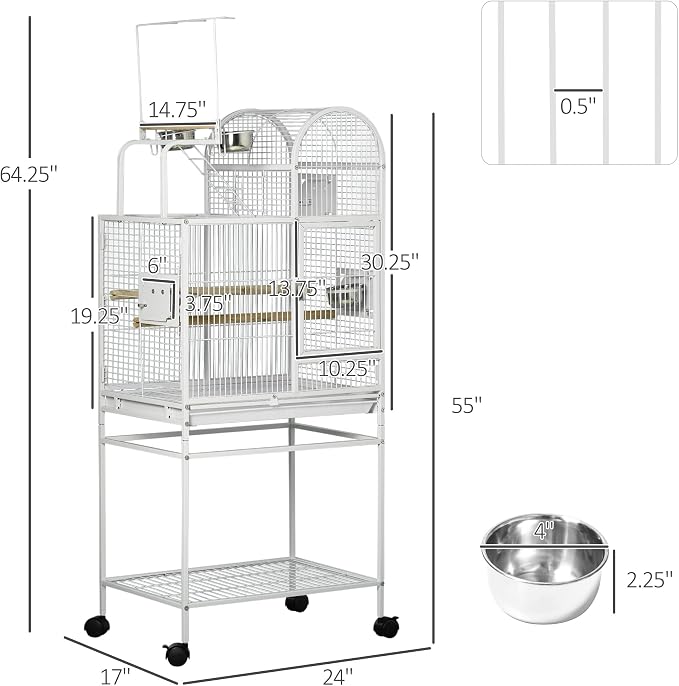 PawHut 55" Large Parrot Cage with Toy Hooks Above Top Bird Perch, Tray, Food Cups, Rolling Stand, Bird Cage for Cockatiels, Parakeets, Lovebirds | Above Top Bird Perch, Rolling Stand, for Cockatiels, Parakeets, Lovebirds - Image 7
