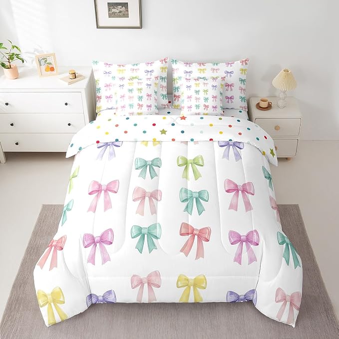 Erosebridal 7 Piece Bowknot Kids Comforter Set Full Bed in a Bag,Cartoon Rainbow Bowknot Bedding Set for Kids Children Teens,Geometric Bow Tie Duvet Insert,Kawaii Princess Style Sheet Set Room Decor - Image 2