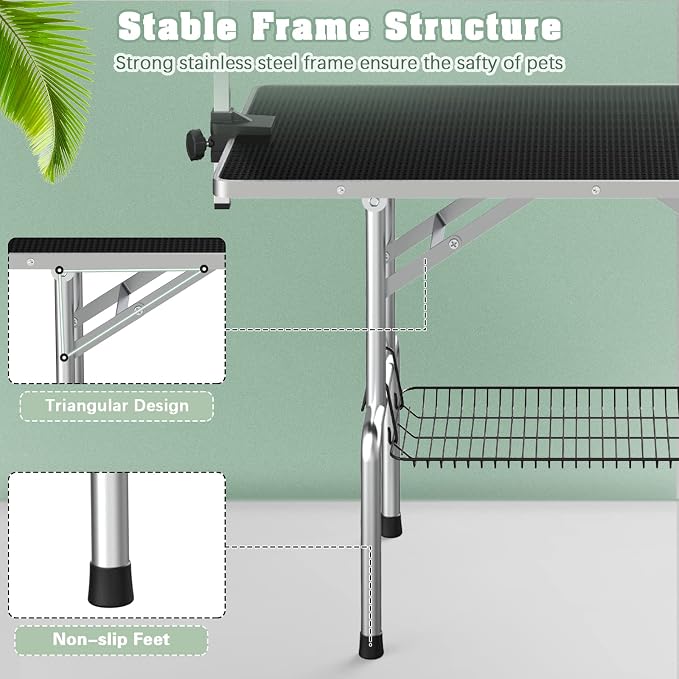 Lyromix 46'' Stainless Steel Pet Dog Grooming Table, Arm/Noose/Tray, Black | Foldable Dog Grooming Table for Dogs at Home, Adjustable Height Arm, Non-Slip Waterproof Tabletop, Capacity 330Lb - Image 5