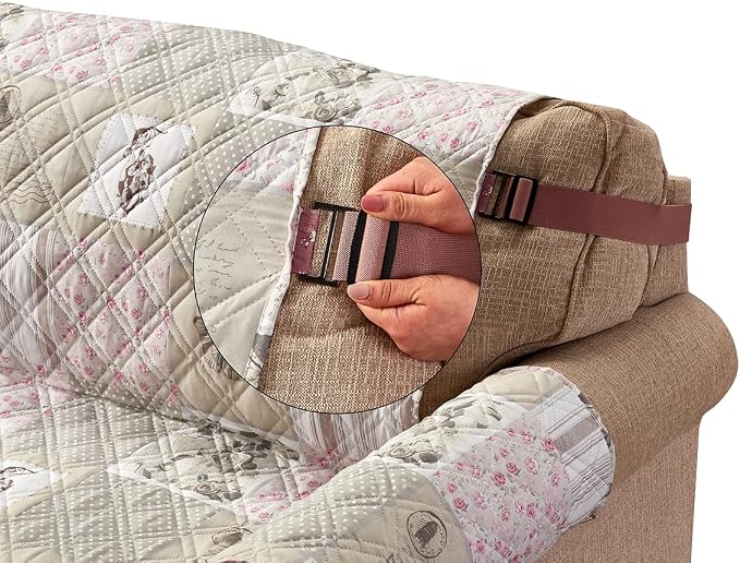 Brilliant Sunshine Grey Cupid & Pink Roses Loveseat Cover, 54" seat | Non Slip Sofa Cover, Patchwork Design, Quilted Furniture Protector, Large Washable Love Seat Slipcover for Pets, Dogs & Cats - Image 5