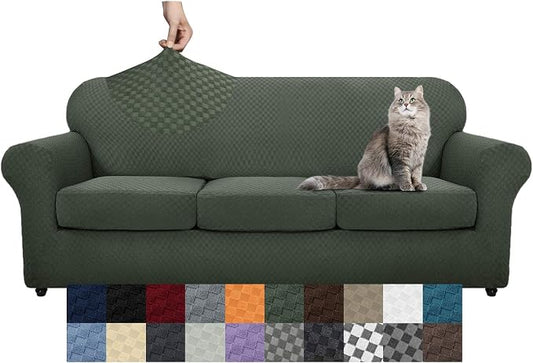YEMYHOM Latest Checkered 4 Pieces Couch Covers for 3 Cushion Couch Extra Large High Stretch Thickened Sofa Cover for Dogs Pets Furniture Protector Sofa Slipcovers (Army Green), 91"-110"(3 Cushions) by YEMYHOM