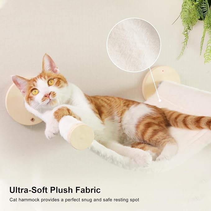 FUKUMARU Cat Wall Shelves, 5 in 1 Set, Beige | Stable Wooden Wall-Mounted Furniture Set, Kitty Climber with Hammock, House, Steps, Scratching Post - Image 7