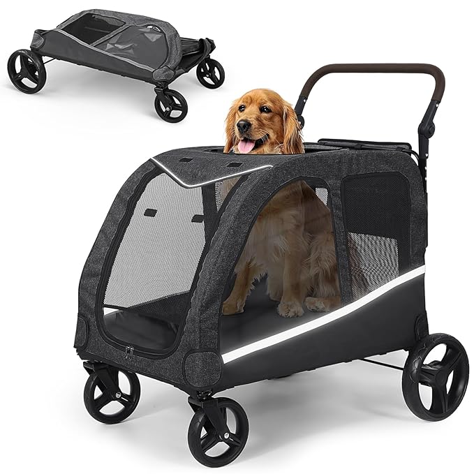 Dog Stroller for Large Dogs, Extra Large Pet Stroller for Medium Dogs, Dog Wagon Carriage, Foldable Design, Adjustable Handle, with Pocket, Up to 130 lbs, Black