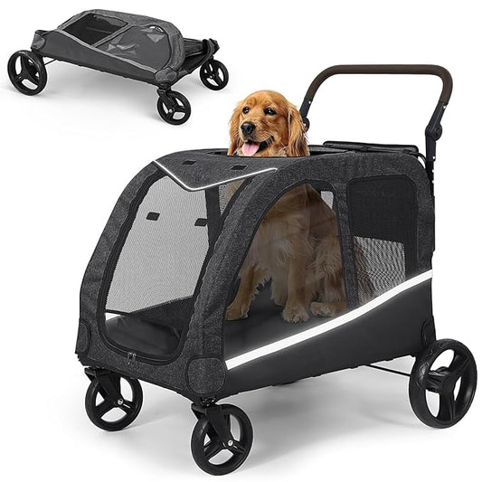 Dog Stroller for Large Dogs, Extra Large Pet Stroller for Medium Dogs, Dog Wagon Carriage, Foldable Design, Adjustable Handle, with Pocket, Up to 130 lbs, Black