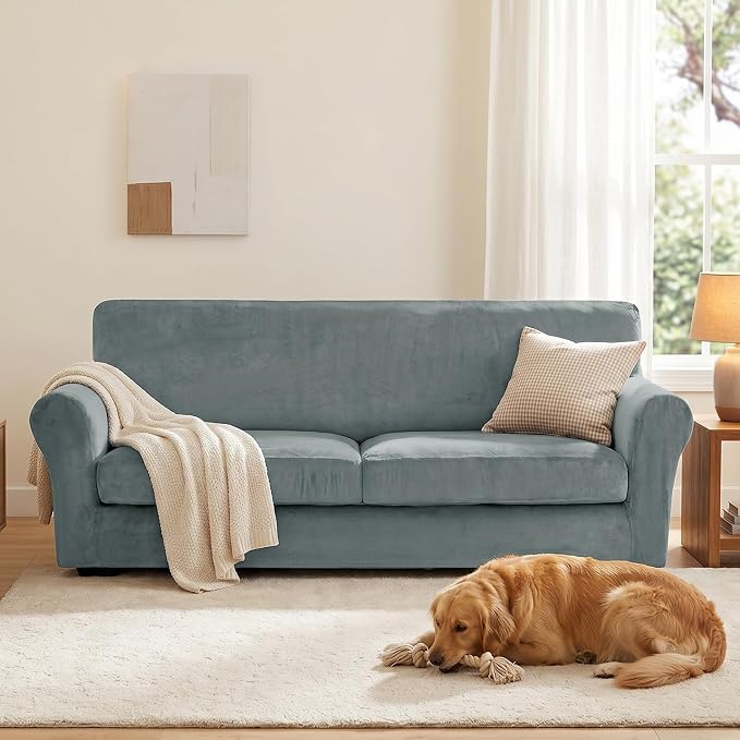 XINEAGE 3-Piece Velvet Sofa Cover,Couch Covers for Dog,Light Gray | 2 Cushion Sofa,Stretch Non-slip Elastic, Pet-friendly, Washable, Fast Setup, Soft Plush Fabric, Furniture Protector. - Image 4