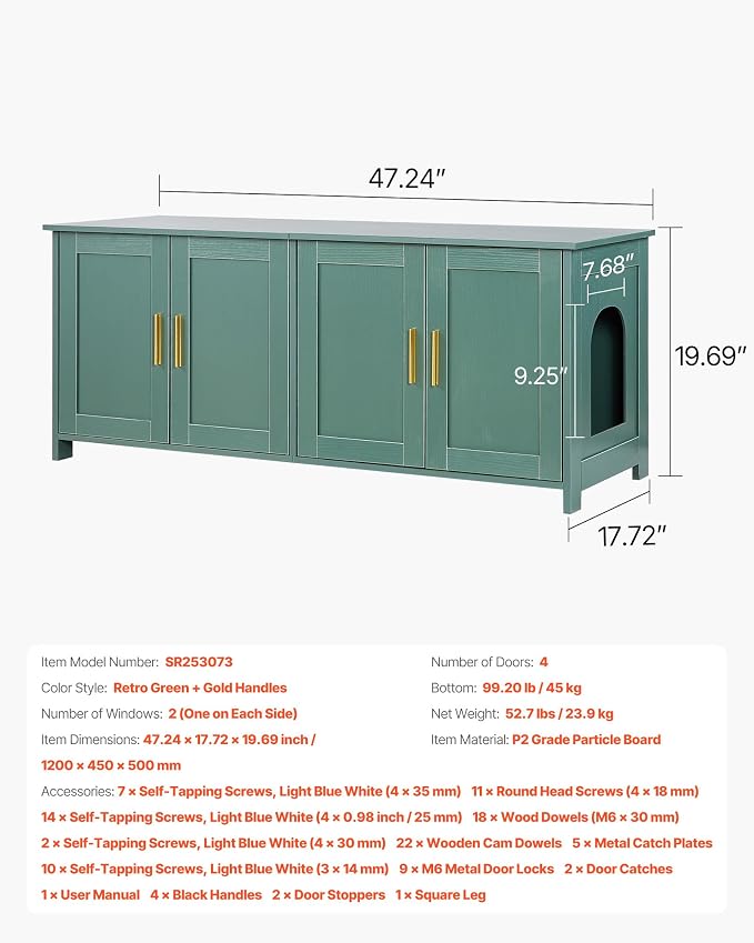 VEVOR Cat Litter Box Enclosure for Multi Cats, 47.2 in Hidden Litter Box Cabinet with 4 Doors & 2 Entries, Indoor Cat Washroom, Wooden Kitty House Furniture Side Table, Fit Most Litterboxes, Green - Image 7