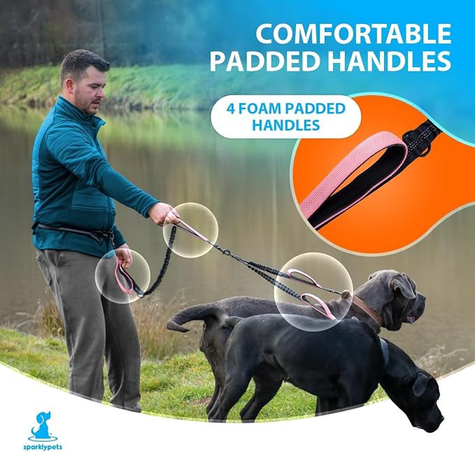 SparklyPets - Hands Free Dual Dog Leash for Medium and Large Female Dogs - Padded Handles, Reflective Stitches, No Pull, Tangle Free - Walking, Hiking, Jogging, Canicross Waist Leash - Gradient Pink - Image 4
