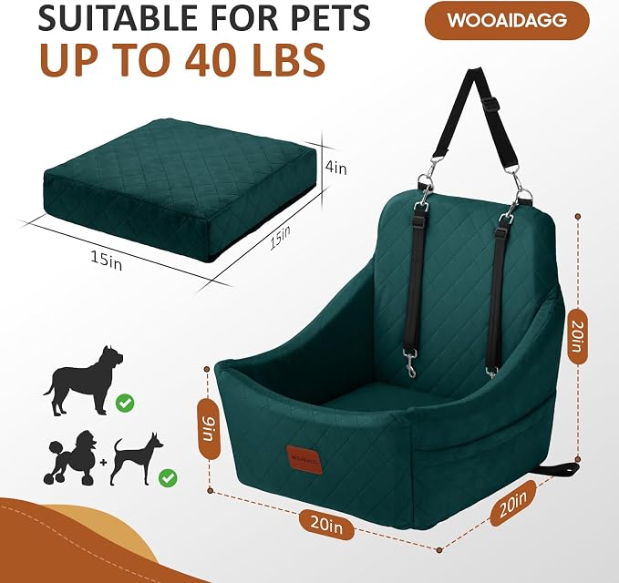 WOOAIDAGG Dog Car Seat for Medium Dogs, Pet Travel Bed with Seat Belt Channel, Fully Detachable and Washable, 3 Straps Easy to Install (Green) - Image 2