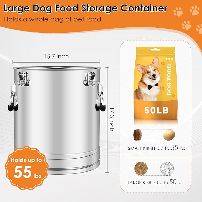 Stainless Steel Dog Food Storage Container,50LB/55LB Airtight Dog Food Storage Container with Lid to Keep Fresh,Easy Clean Large Pet Food Storage Container with Scoop for Cat Food,Chicken Feed,Rice - Image 3