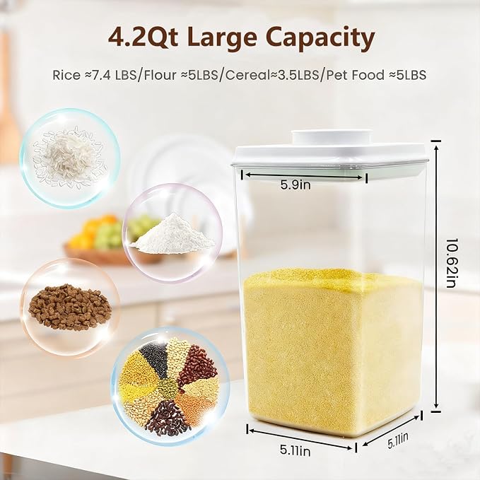 Melovom Pop Airtight Food Storage Container with Lid, 4L/4.2qt Large Cereal Flour Sugar Storage Container with Scoop, One Button Opening, BPA-Free, Kitchen Pantry Organization and Storage - Image 3