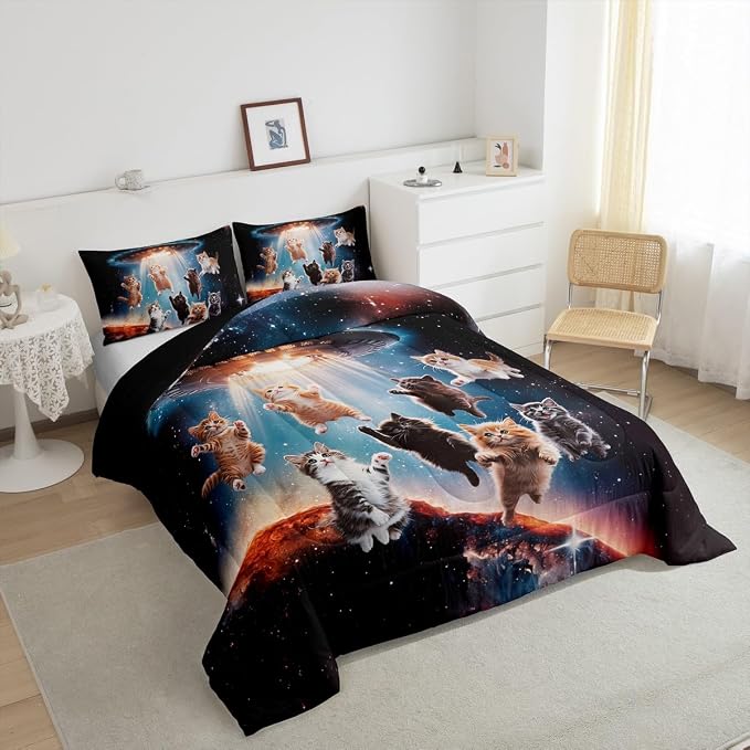 Feelyou Cat Comforter Set Outer Space Cute Cats Bedding Set Galaxy Nebula Pet Cats DecorAnimal Comforter Gorgeous Lovely Animals Quilt Collection 3Pcs Full Size Boys - Image 4