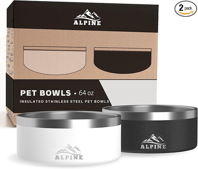 ALPINE Set of 2 Stainless Steel Dog Bowls, Non Slip, Metal Pet Bowl for Food and Water, Double Walled Insulated, Rustproof, Dishwasher Safe (64 oz, Black/White) by Unknown