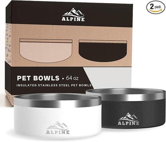 ALPINE Set of 2 Stainless Steel Dog Bowls, Non Slip, Metal Pet Bowl for Food and Water, Double Walled Insulated, Rustproof, Dishwasher Safe (64 oz, Black/White) by Unknown