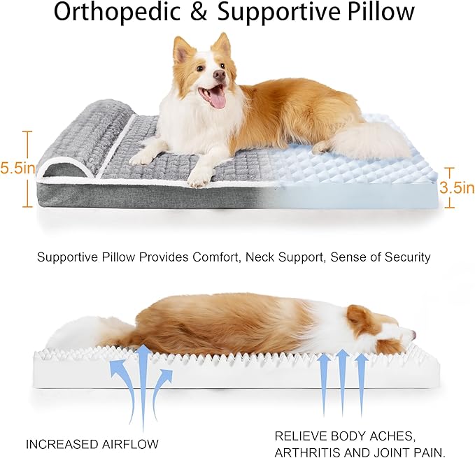 Orthopedic Large Dog Bed Pillow Pet Sofa Bed 36''X24'' Grey | Egg-Crate Foam Pet Couch Large Sized Dog, Waterproof Removable Washable Cover,Furry Puppy Crate Mat With Nonskid Bottom - Image 6