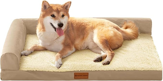 Patas Lague Orthopedic Large Dog Bed Pet Sofa Beds 36''X24'' Beige | L Bolster Egg-Crate Foam Dog Couch For Large Sized Dogs, Waterproof Removable Washable Cover, Pet Mat with Nonskid Bottom by PatasLague