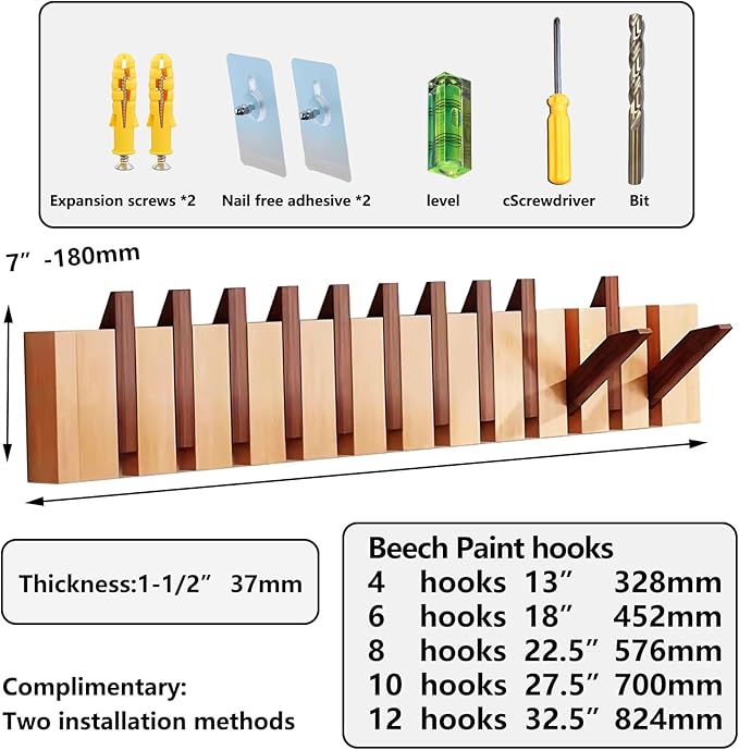 Wall Mounted Coat RackHooks Piano Key Hangers Natural Solid Wood Hanger Non-Woven Fabric Clothes Hangers for Closet, Kitchen, Bedroom, Bathroom, Entryway (Walnut-Beech, 10 Hooks) - Image 3