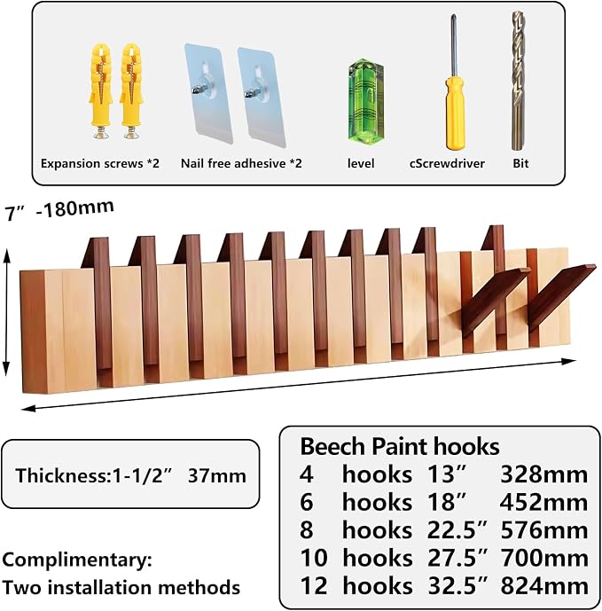Wall Mounted Coat RackHooks Piano Key Hangers Natural Solid Wood Hanger Non-Woven Fabric Clothes Hangers for Closet, Kitchen, Bedroom, Bathroom, Entryway (Walnut-Beech, 12 Hooks) - Image 5