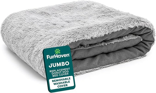 FurHaven Replacement Dog Bed Cover, Long Faux Fur for Calming Cuddlers, Machine Washable, Customizable Filling, Jumbo XL, Faux Fur, Misty Gray by FurHaven